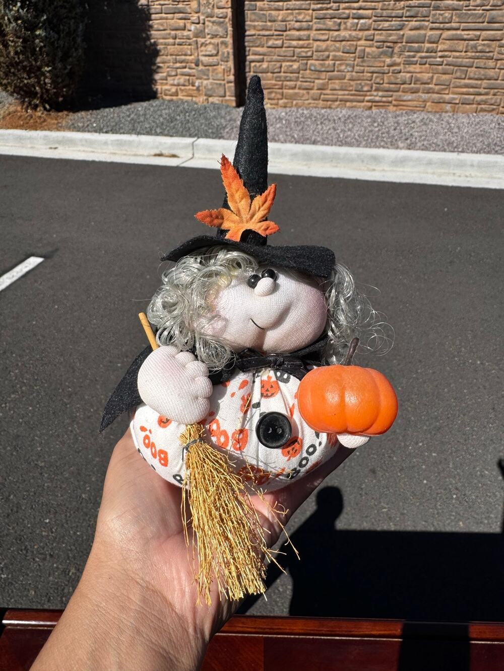 Vintage 90s Halloween Witch w/Broom hat pumpkin doll decor handmade folk art